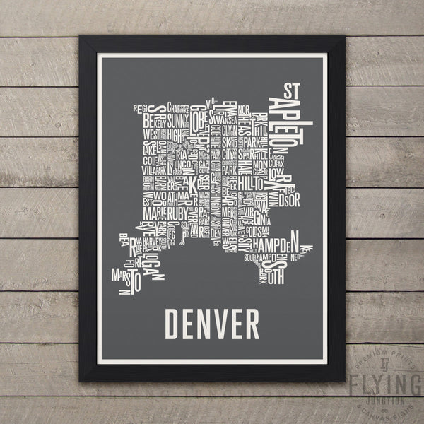 Denver Neighborhood Typography Map - Grey