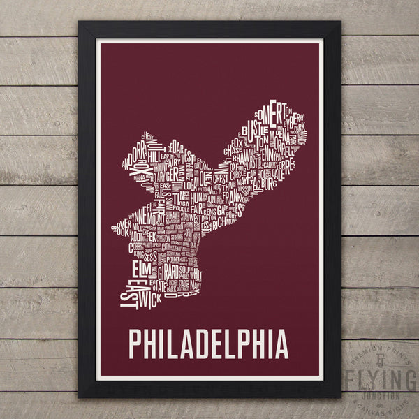 Philadelphia Neighborhood Typography Map - Burgundy