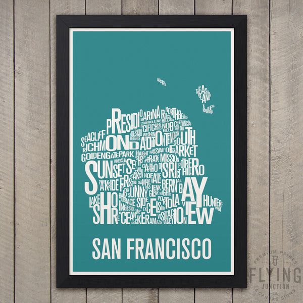 San Francisco Neighborhood Typography Map - Teal