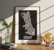 Chicago Neighborhood Typography Map - with Frame Black Poster