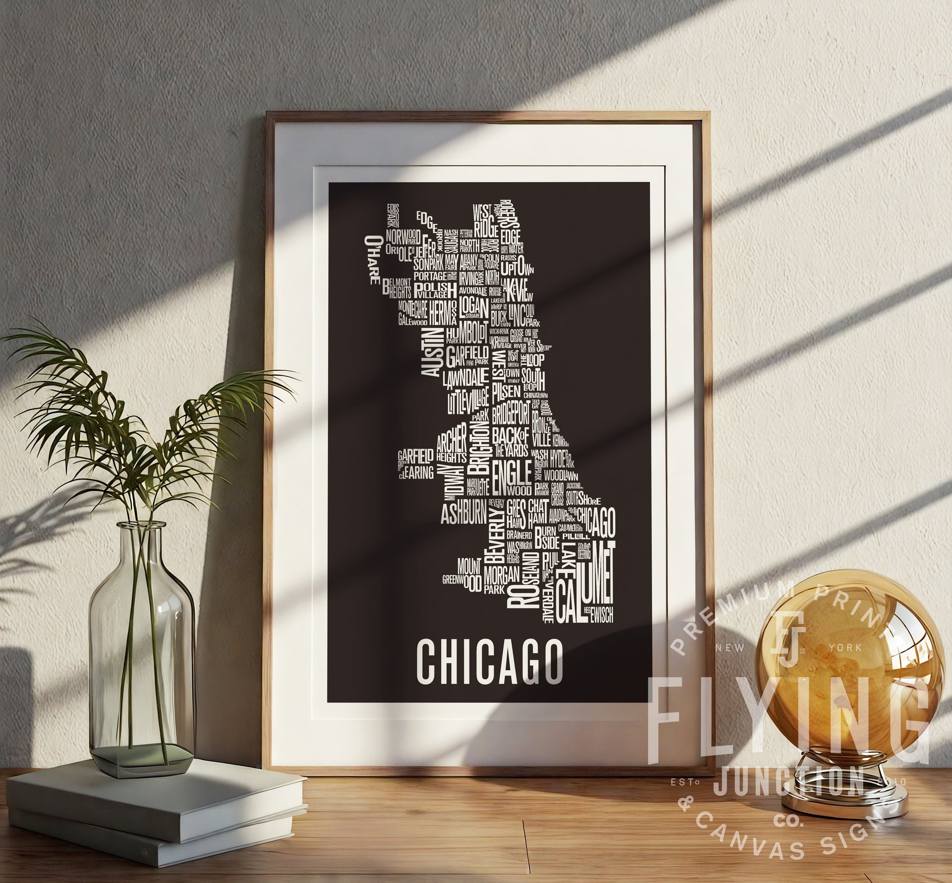 Chicago Neighborhood Typography Map - with Frame Black Poster