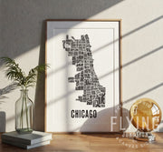 Chicago Neighborhood Typography Map - with Frame White Poster