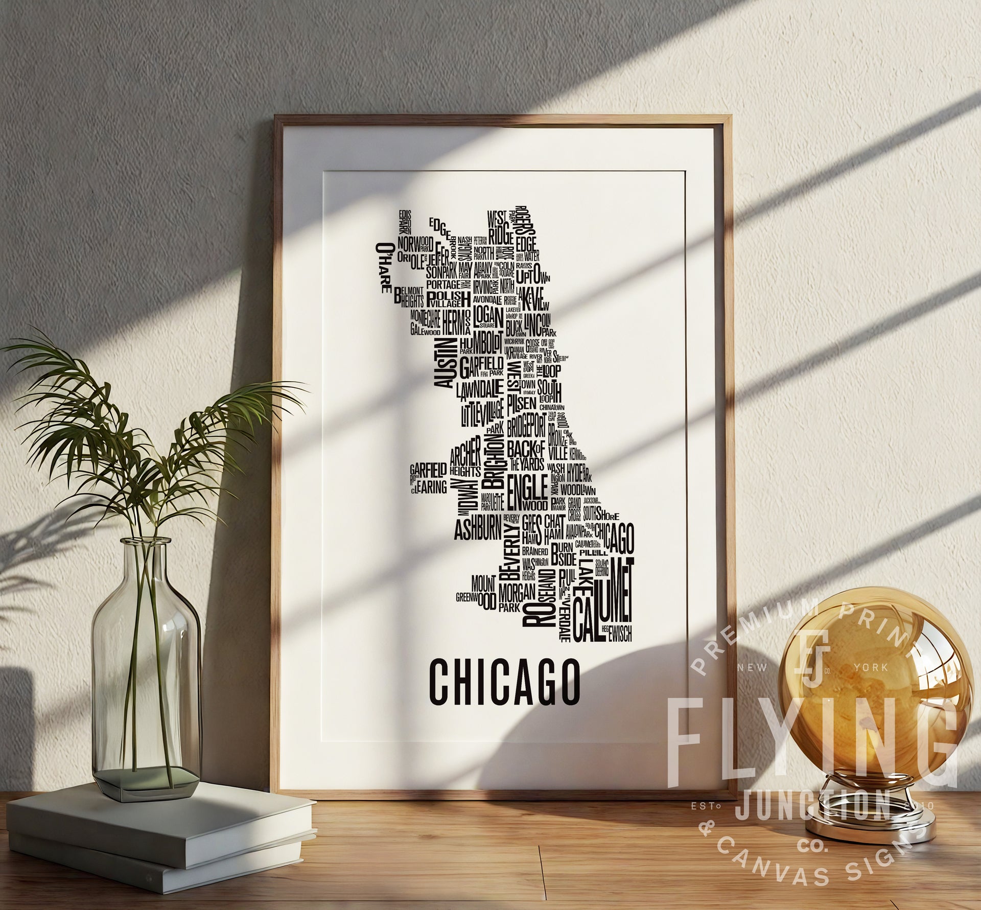 Chicago Neighborhood Typography Map - with Frame White Poster