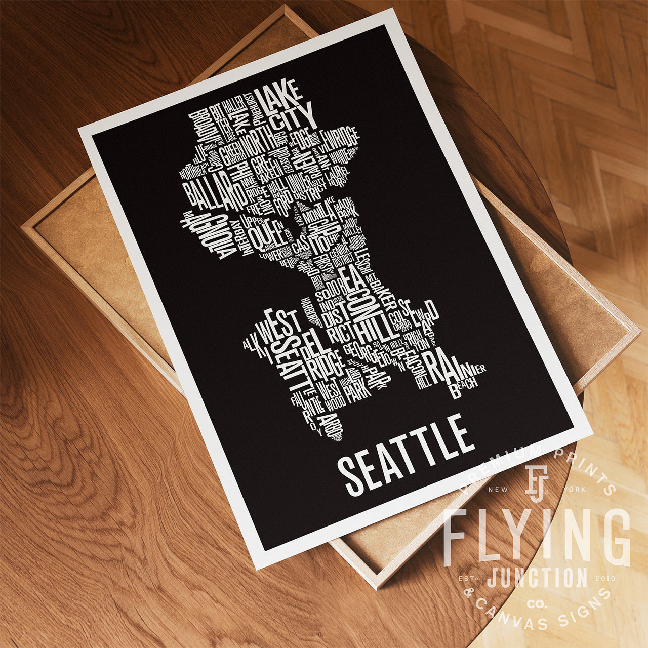 Seattle Neighborhood Typography Map Print - Seattle Washington Map Poster - Black