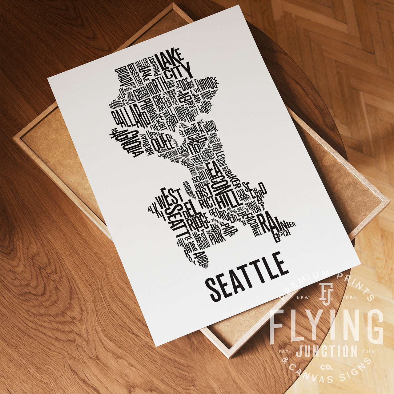 Seattle Neighborhood Typography Map Print - Seattle Washington Map Poster - White