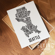 Seattle Neighborhood Typography Map Print - Seattle Washington Map Poster - White