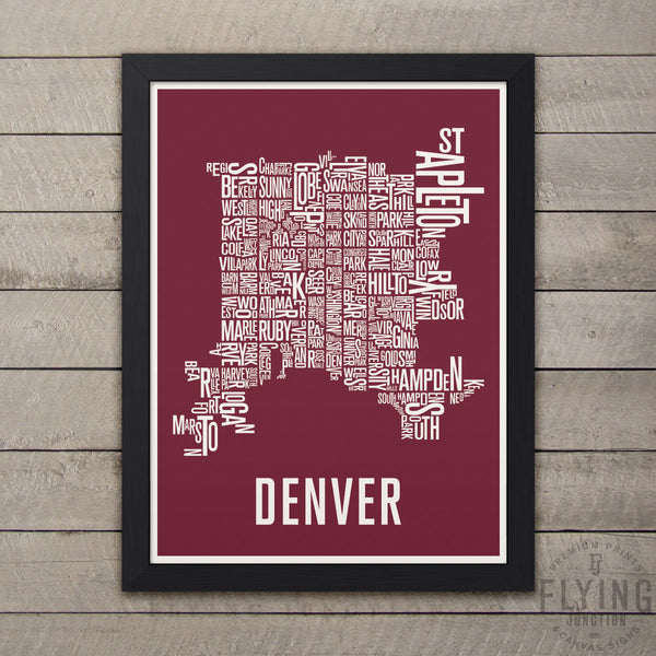 Denver Neighborhood Typography Map - Burgundy