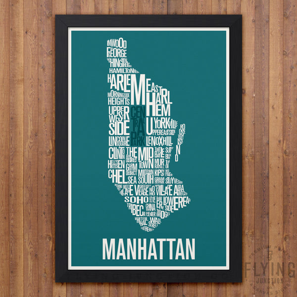 Manhattan Neighborhood Typography Map - Teal