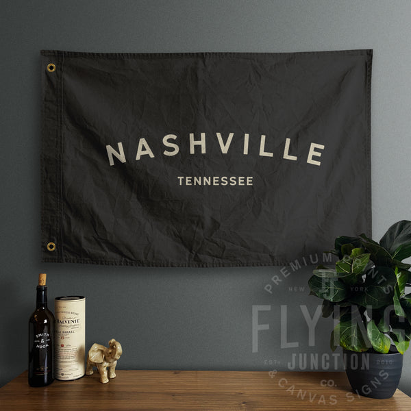 Nashville Tennessee Hand Painted Cotton Canvas Flag Black with White