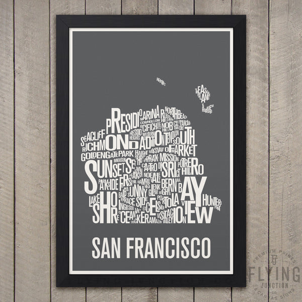 San Francisco Neighborhood Typography Map - Grey