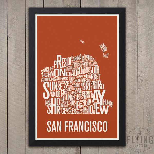 San Francisco Neighborhood Typography Map - Burnt Orange
