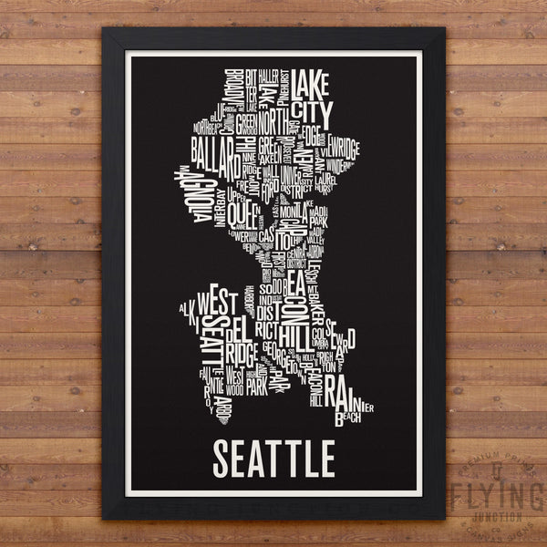 Seattle Neighborhood Typography Map - Black