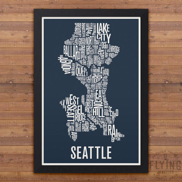Seattle Neighborhood Typography Map - Midnight Blue