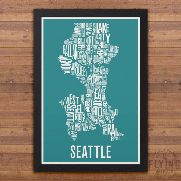 Seattle Neighborhood Typography Map - Aqua