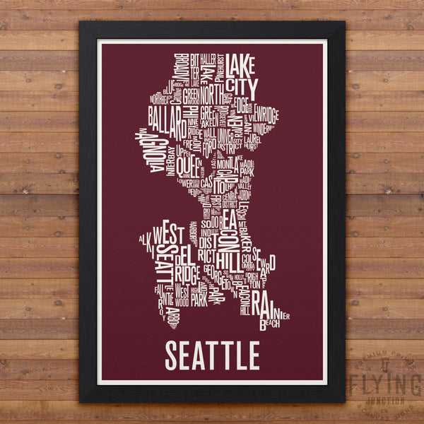 Seattle Neighborhood Typography Map - Burgundy